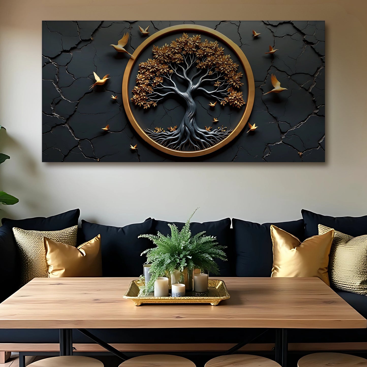 Canvas 3D Celtic Tree of Life Art IV by Tailored Canvases trunk, gold leaves in round frame on Tampa Home & Garden Store