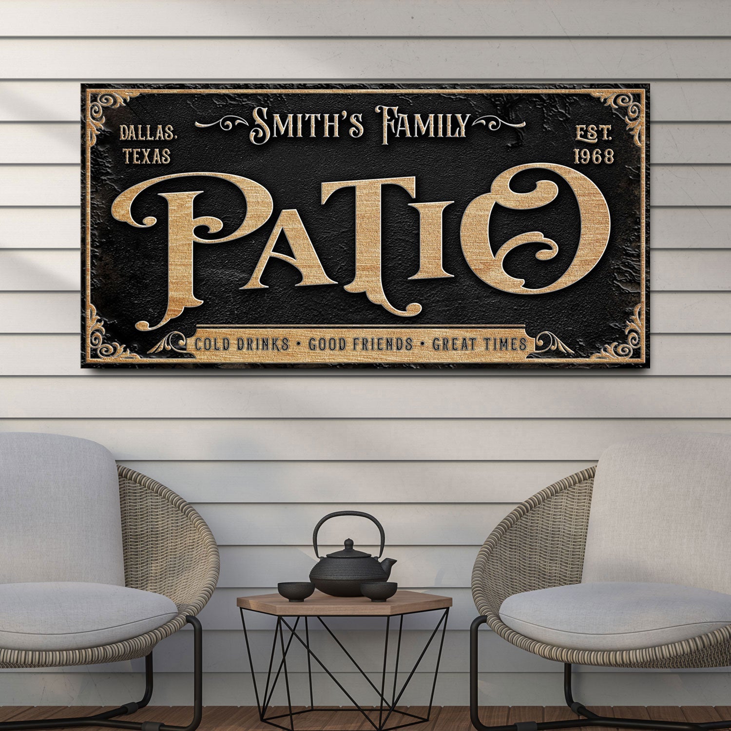 Personalized Patio Sign II canvas by Tailored Canvases in black and gold finish on Tampa Home & Garden Store