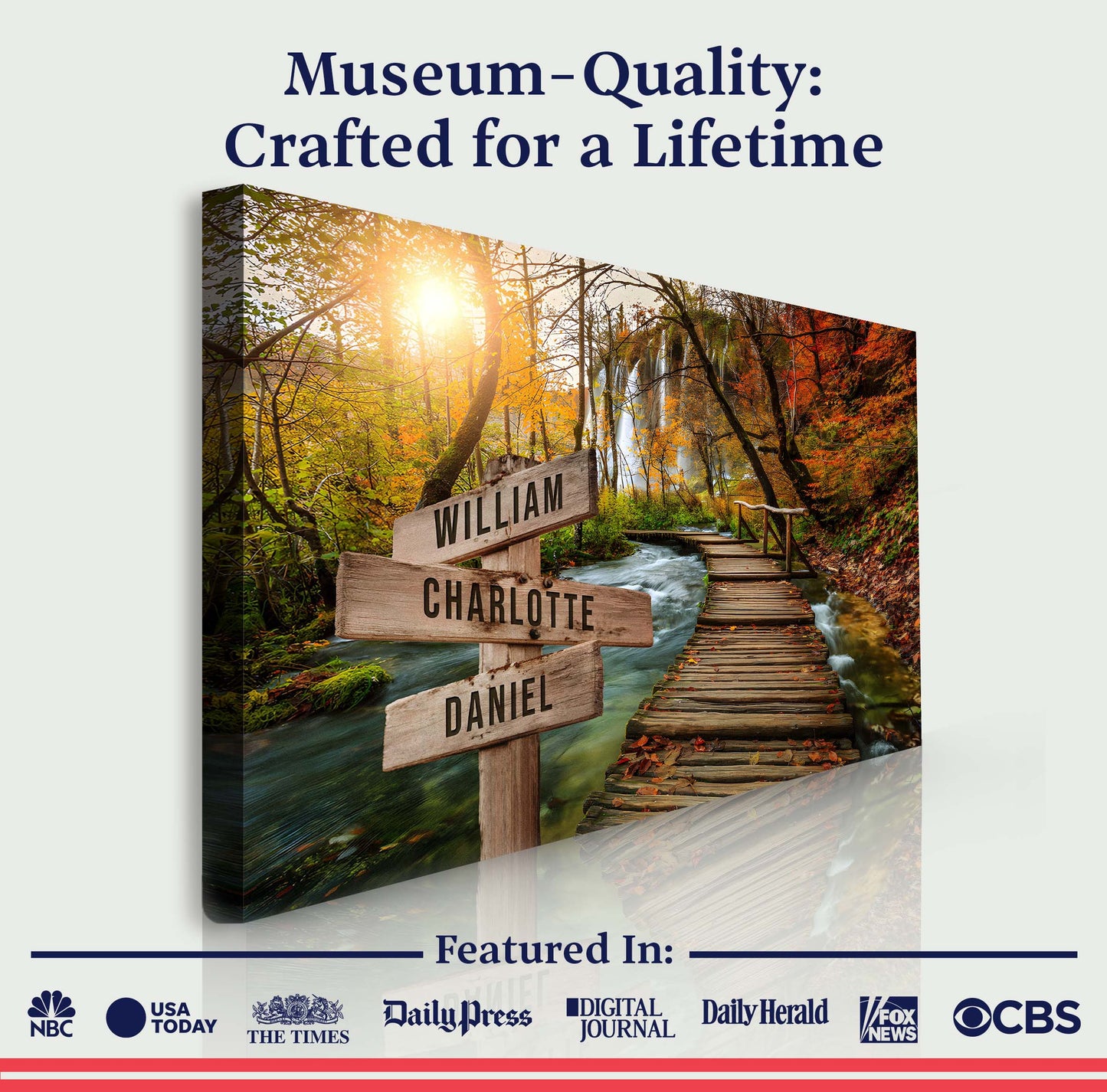 To The Woods Family Names Sign canvas with wooden name planks reading William Charlotte Daniel on Tampa Home & Garden Store