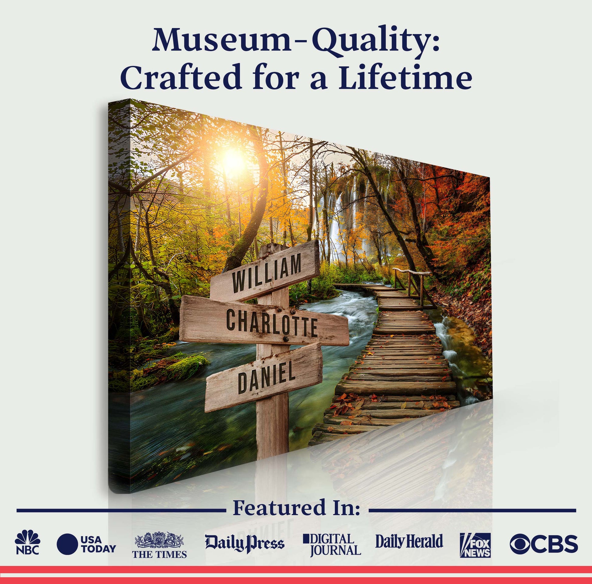 To The Woods Family Names Sign canvas with wooden name planks reading William Charlotte Daniel on Tampa Home & Garden Store