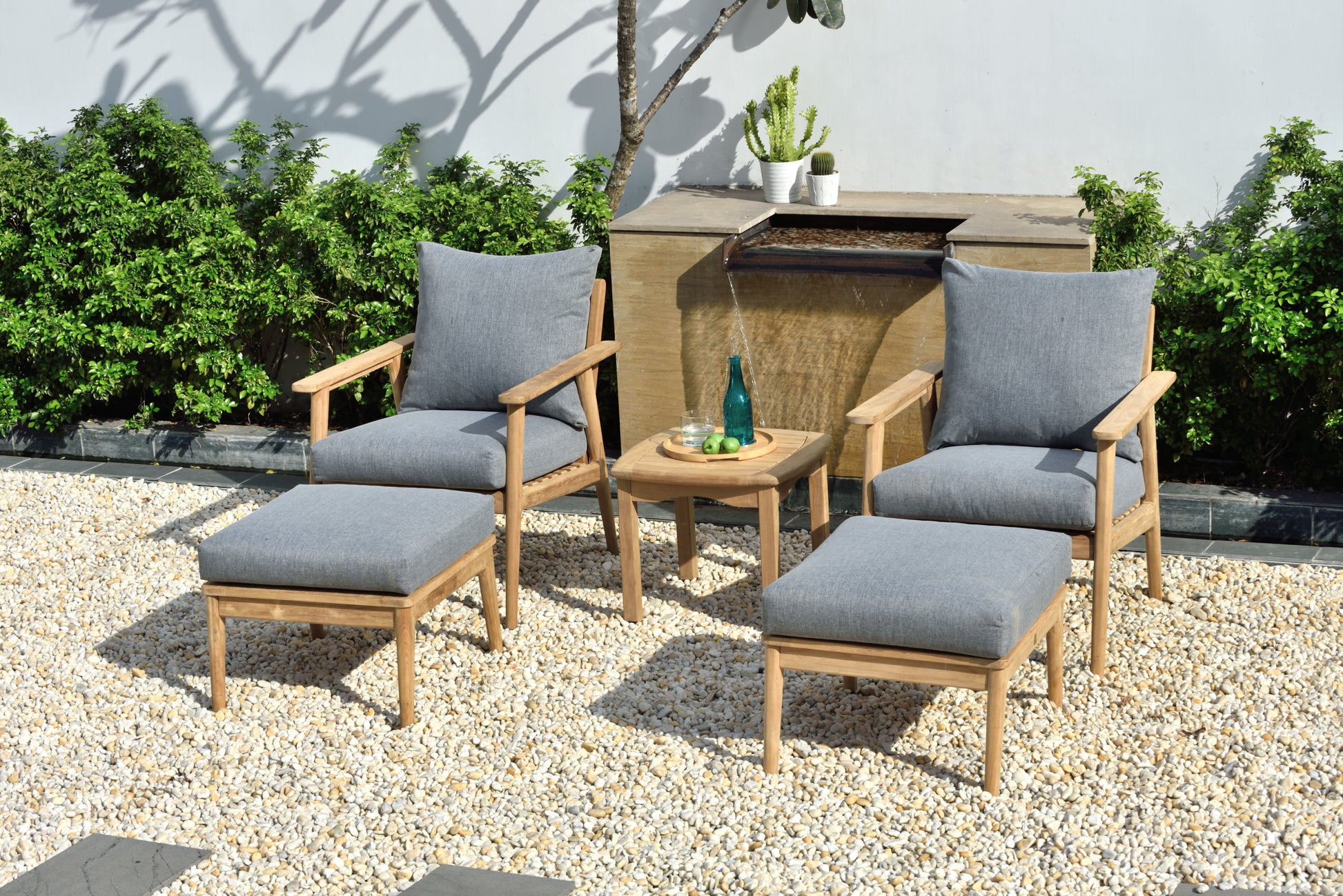 Eve FSC Teak Conversation Set with Cushions by LifestyleGarden US, teak seating in grey cushions on Tampa Home & Garden Store