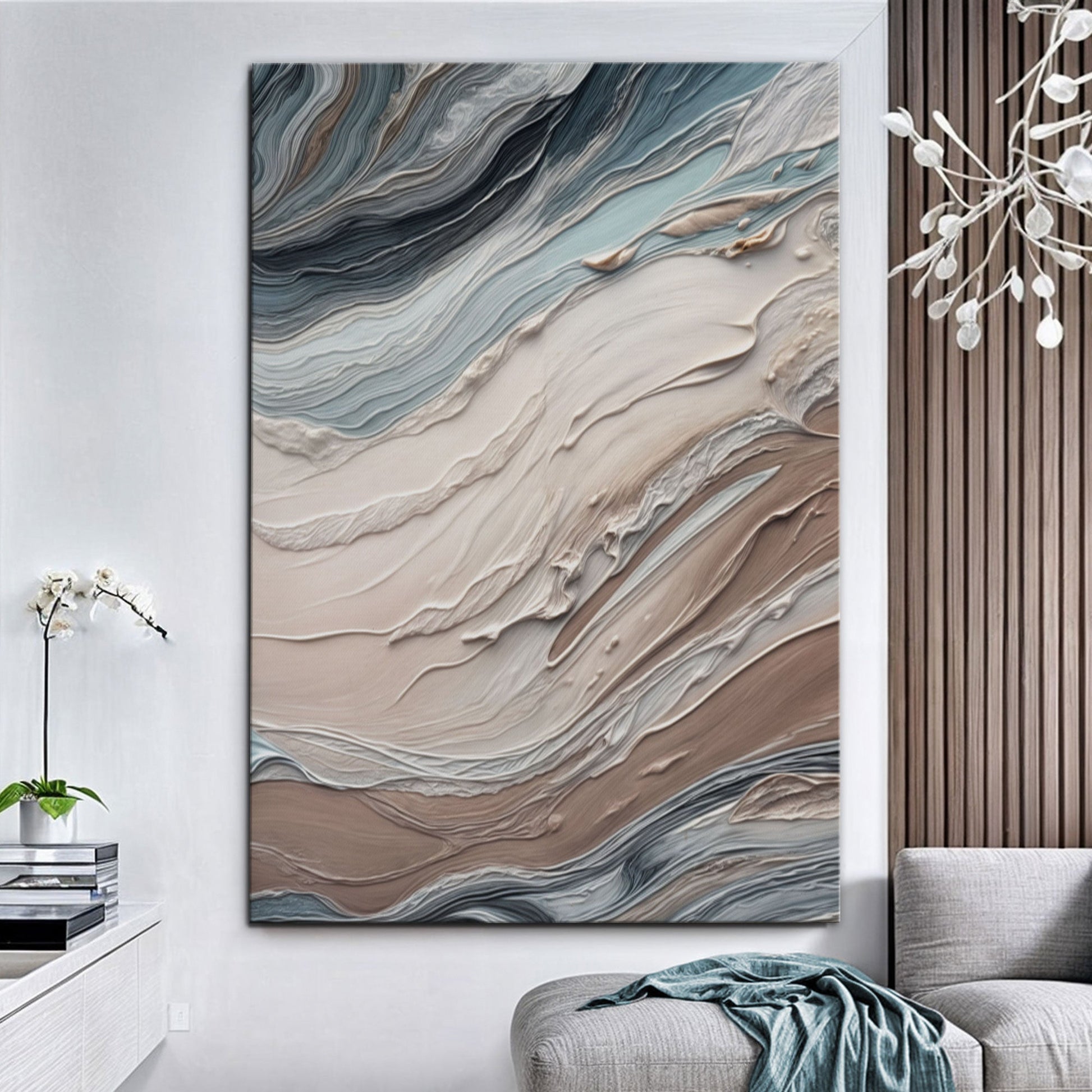 Earth Tone Swirls Canvas Wall Art by Tailored Canvases in blue beige brown tones on Tampa Home & Garden Store