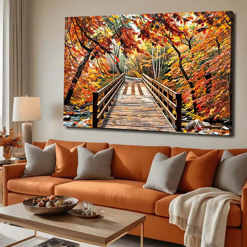 Crossing Autumn Wall Art canvas by Tailored Canvases, wooden bridge amid vibrant fall foliage on Tampa Home & Garden Store