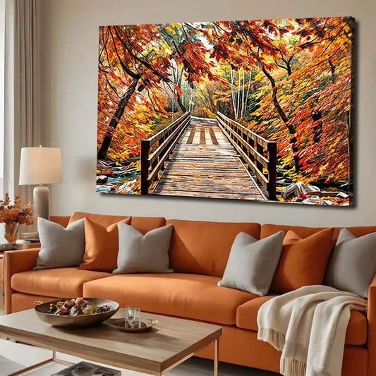 Crossing Autumn Wall Art canvas by Tailored Canvases, wooden bridge amid vibrant fall foliage on Tampa Home & Garden Store