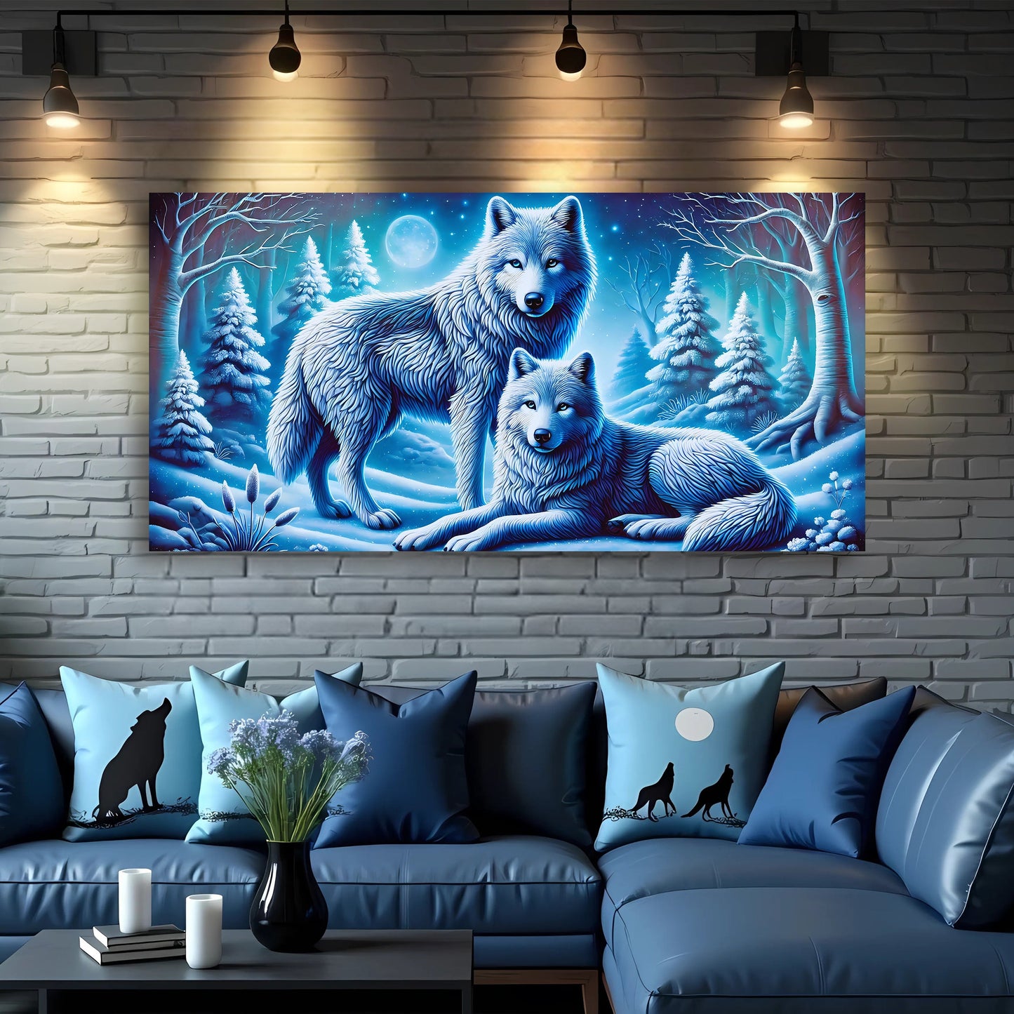 3D Wolves Wall Art II canvas depicting blue winter forest with wolves on Tampa Home & Garden Store