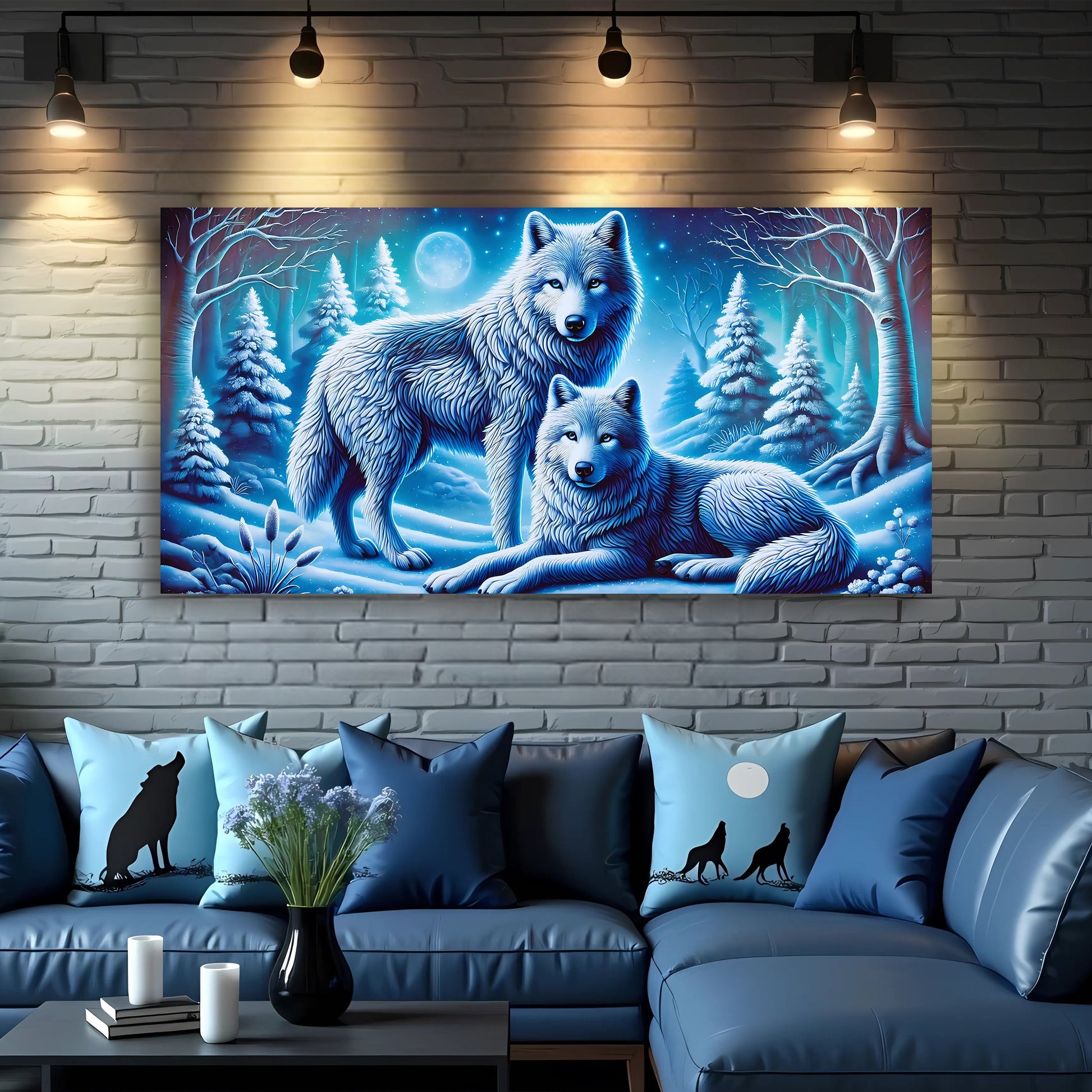 3D Wolves Wall Art II canvas depicting blue winter forest with wolves on Tampa Home & Garden Store