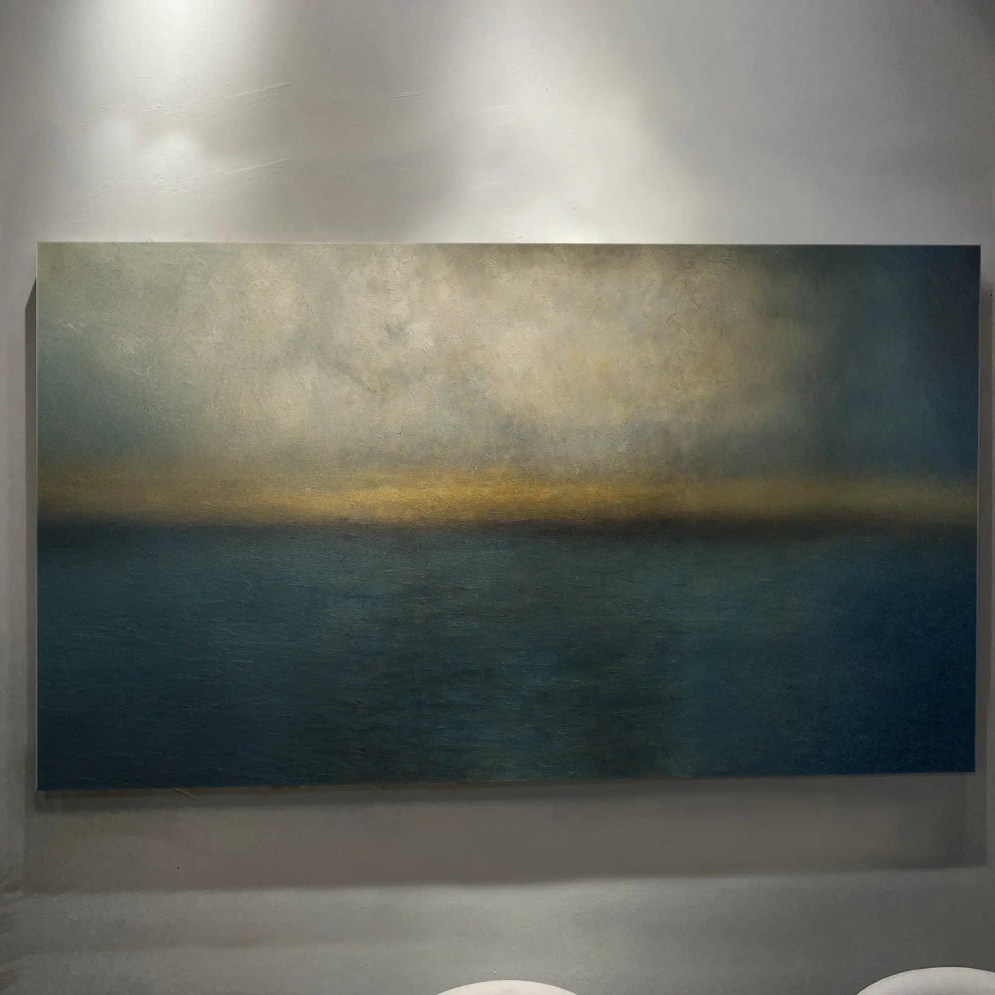 Waterscape Abstract Wall Art canvas with gradient ocean blues to warm gold Tailored Canvases on Tampa Home & Garden Store