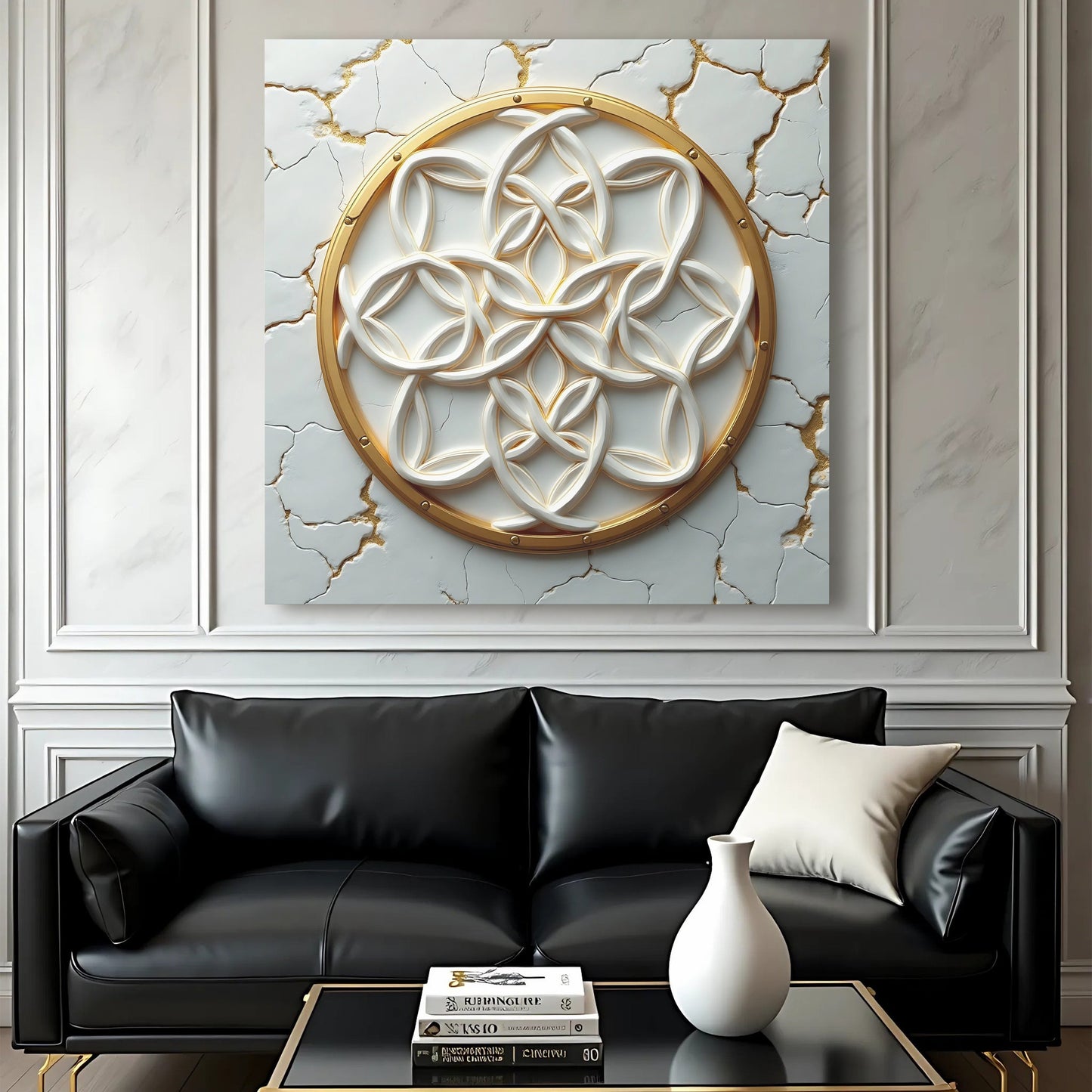 Flower Of Life Wall Art IV Canvas by Tailored Canvases, white interwoven petals in a gold ring on Tampa Home & Garden Store