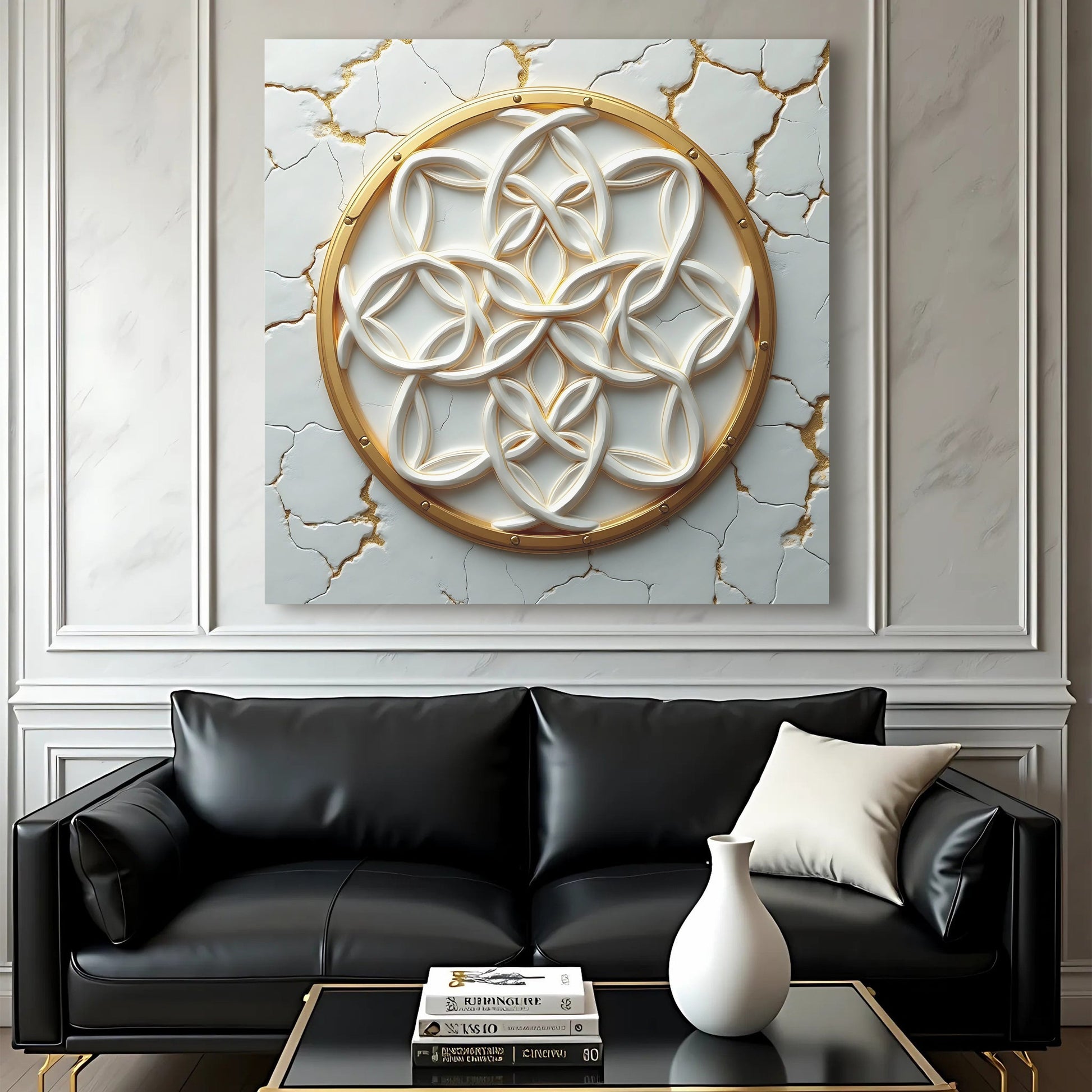 Flower Of Life Wall Art IV Canvas by Tailored Canvases, white interwoven petals in a gold ring on Tampa Home & Garden Store