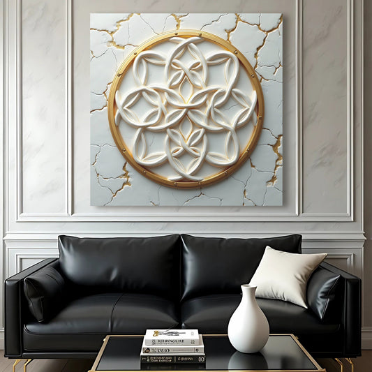 Flower Of Life Wall Art IV Canvas by Tailored Canvases, white interwoven petals in a gold ring on Tampa Home & Garden Store
