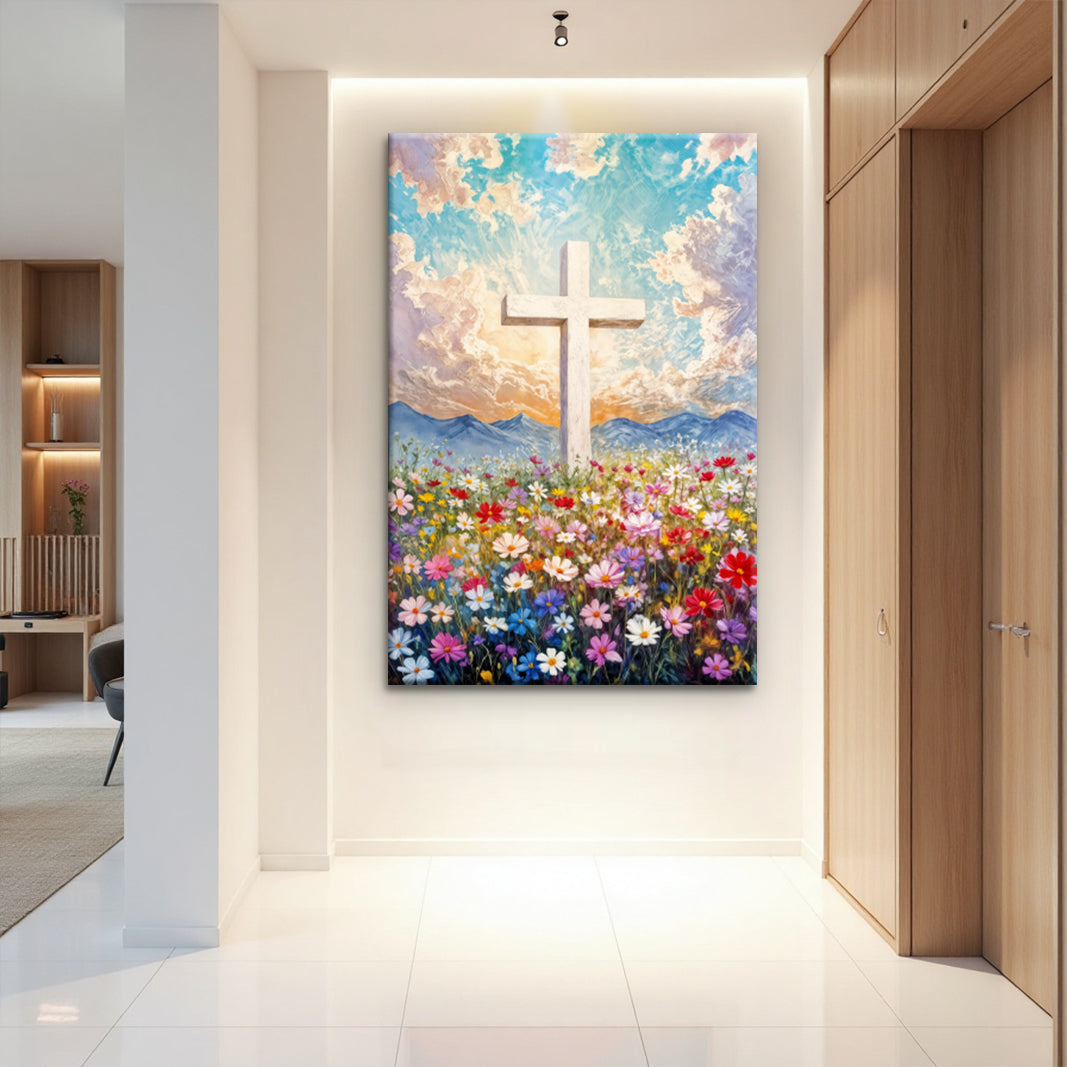 Cross Floral Field Faith Wall Art II canvas by Tailored Canvases, vibrant flower field on Tampa Home & Garden Store