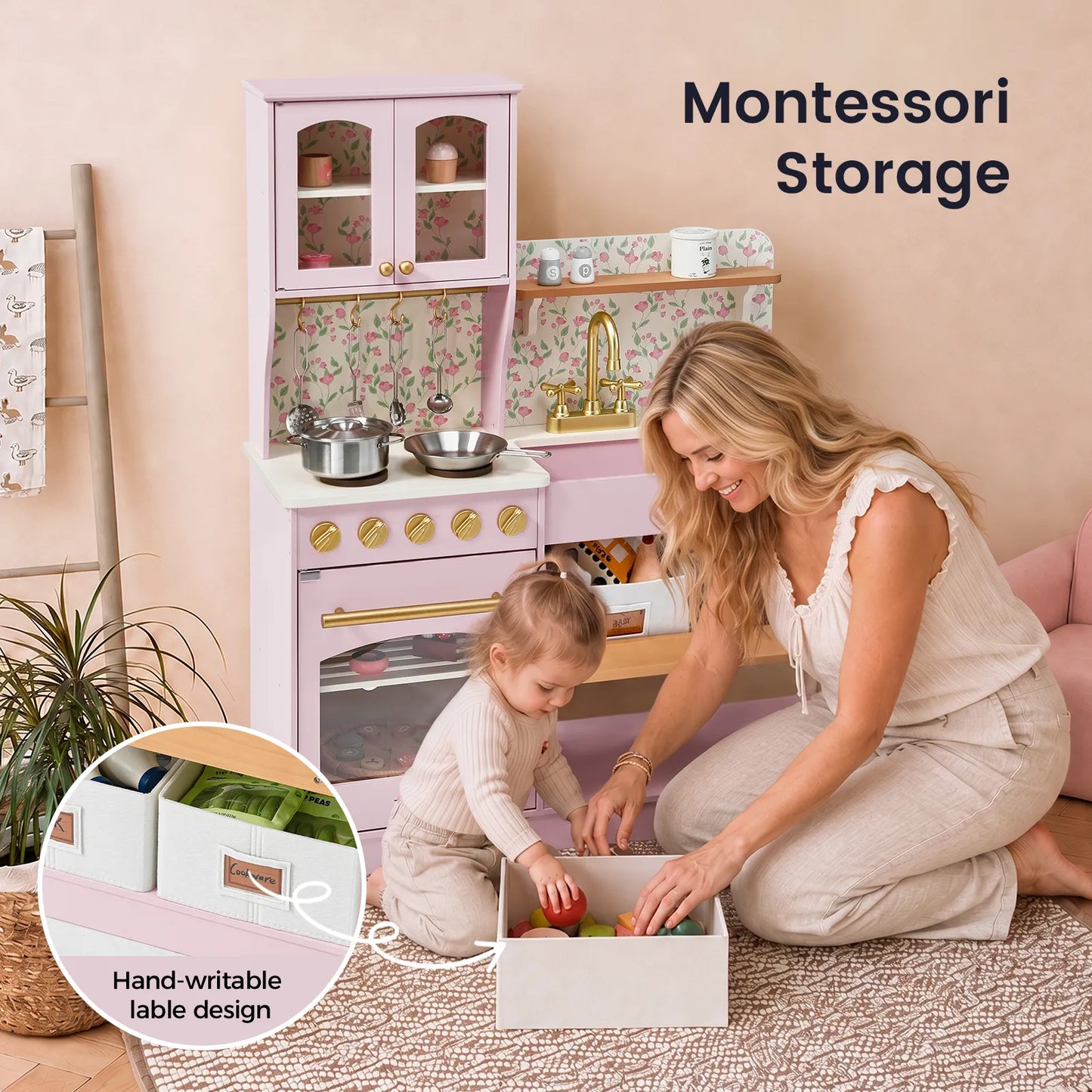 Tiny Land wooden pink play kitchen with storage and brass faucet for imaginative toddlers on Tampa Home & Garden Store