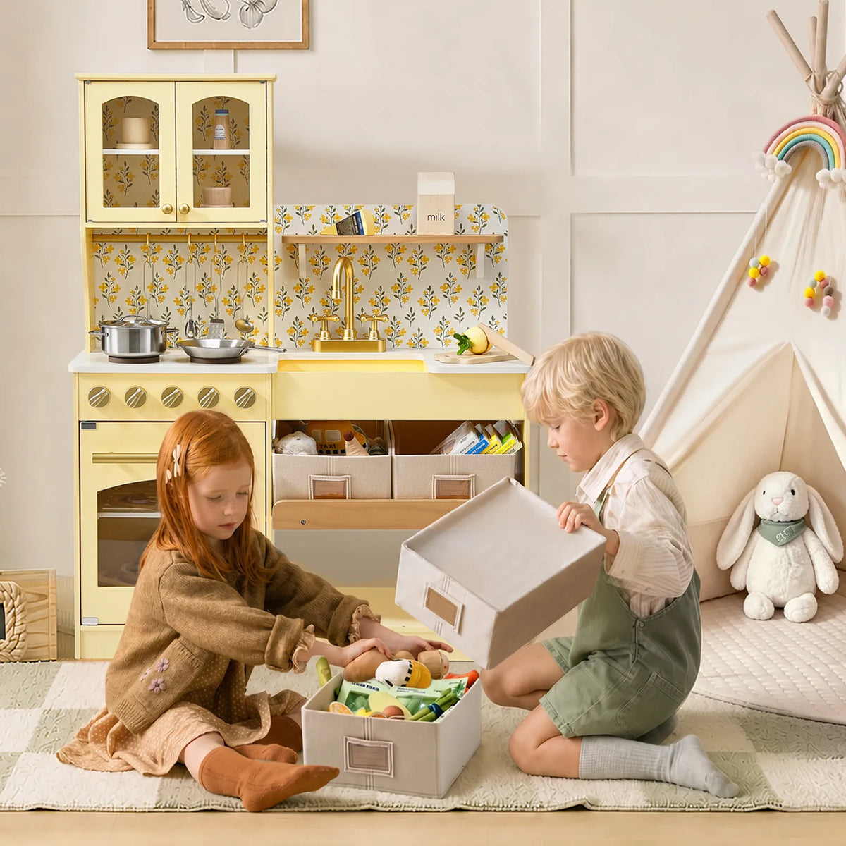 Tiny Land INC wooden play kitchen yellow storage with glass doors kids play with toy foods on Tampa Home & Garden Store