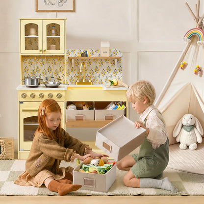 Tiny Land INC wooden play kitchen yellow storage with glass doors kids play with toy foods on Tampa Home & Garden Store