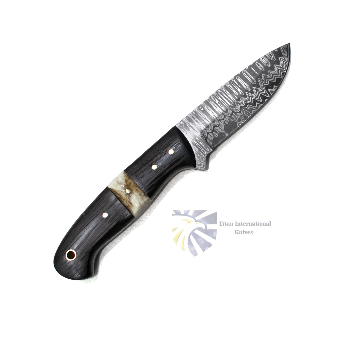 Damascus TK-019 knife blade with wavy pattern, dark wood handle and brass pins Titan Knives on Tampa Home & Garden Store