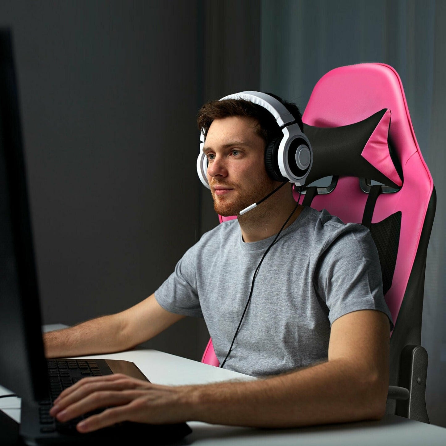 Silla Gaming de Cuero Sintético con Cojín Lumbar de Masaje USB y Reposapiés - Rosa