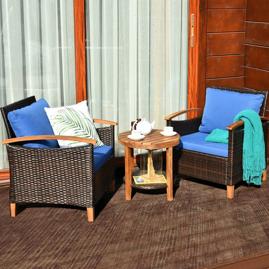 3 Pieces Patio Rattan Furniture Set with Washable Cushion and Acacia Wood Tabletop-Blue - Tampa Home & Garden Store