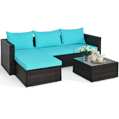 5 Pieces Patio Rattan Sectional Furniture Set with Cushions and Coffee Table-Red