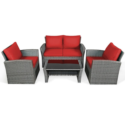 Juego de muebles de ratán para patio de 4 piezas con sofá, mesa con estante de almacenamiento y cojines - Negro