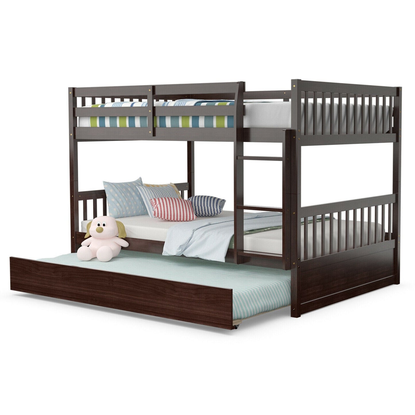 Cama litera matrimonial sobre matrimonial de plataforma de madera con escalera - Marrón
