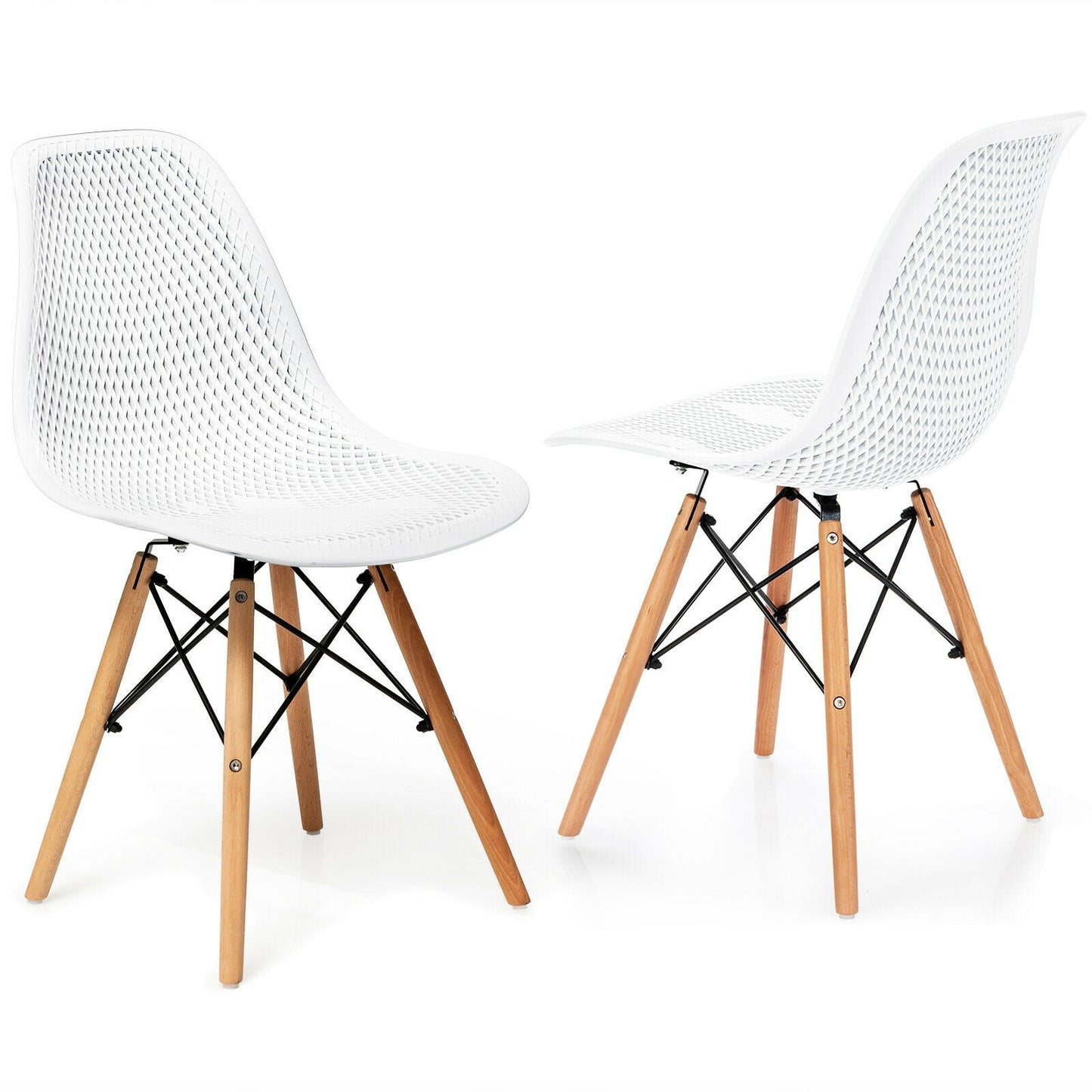 2 Pcs Modern Plastic Hollow Chair Set with Wood Leg-Green
