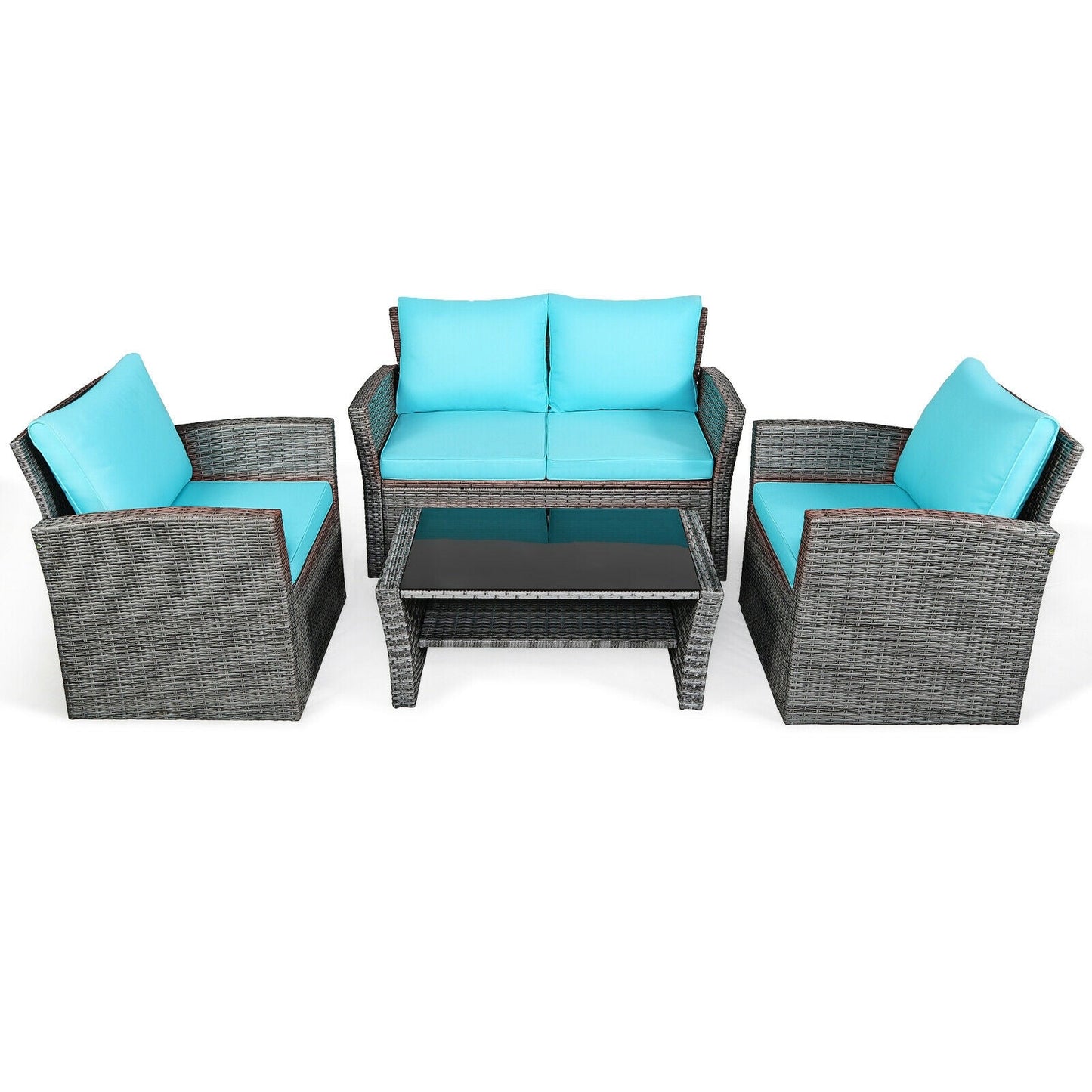 Juego de muebles de ratán para patio de 4 piezas con sofá, mesa con estante de almacenamiento y cojines - Negro