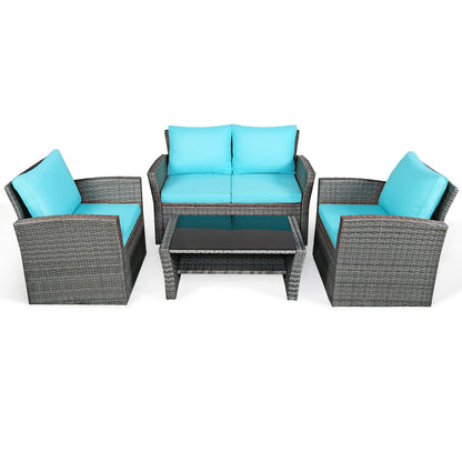 Juego de muebles de ratán para patio de 4 piezas con sofá, mesa con estante de almacenamiento y cojines - Negro