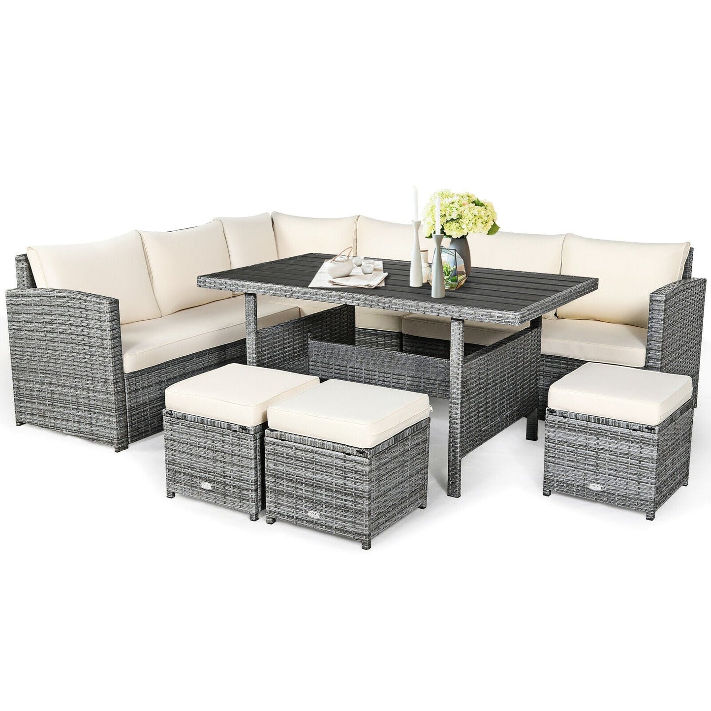 Juego de muebles seccionales de ratán para patio de 7 piezas con otomana de mimbre, color negro