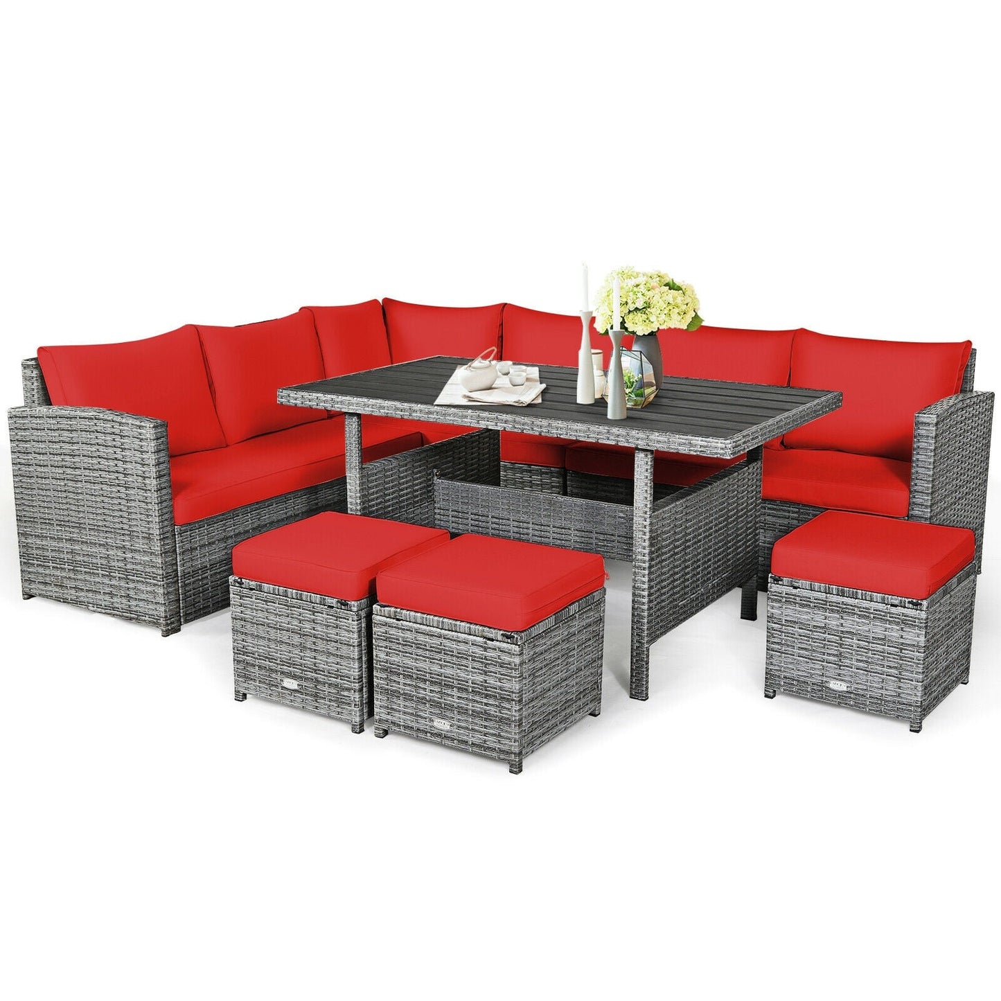 Juego de muebles seccionales de ratán para patio de 7 piezas con otomana de mimbre, color negro