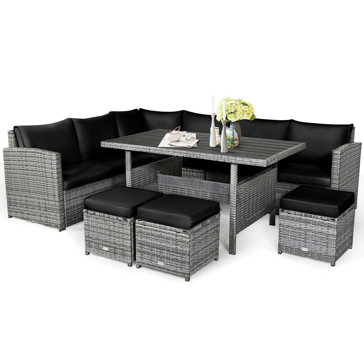 Juego de muebles seccionales de ratán para patio de 7 piezas con otomana de mimbre, color negro