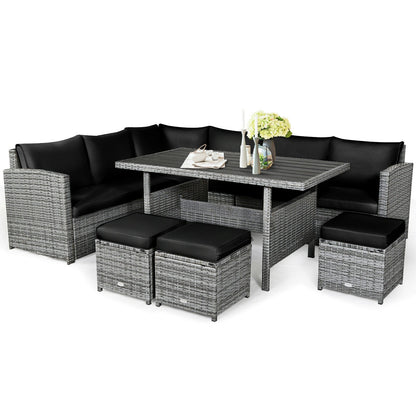 Juego de muebles seccionales de ratán para patio de 7 piezas con otomana de mimbre, color negro