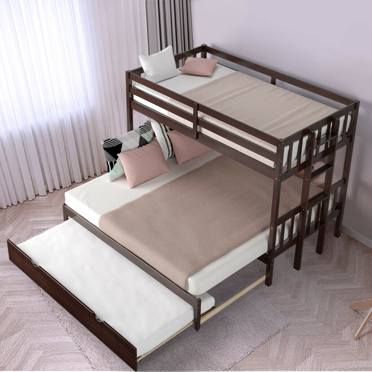 Literas dobles extraíbles con nido, escalera de madera - Espresso