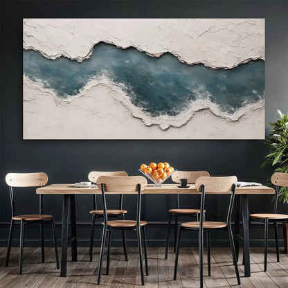 Minimalist Wall Art XII canvas by Tailored Canvases; beige textured border with teal river on Tampa Home & Garden Store