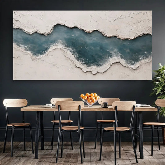 Minimalist Wall Art XII canvas by Tailored Canvases; beige textured border with teal river on Tampa Home & Garden Store
