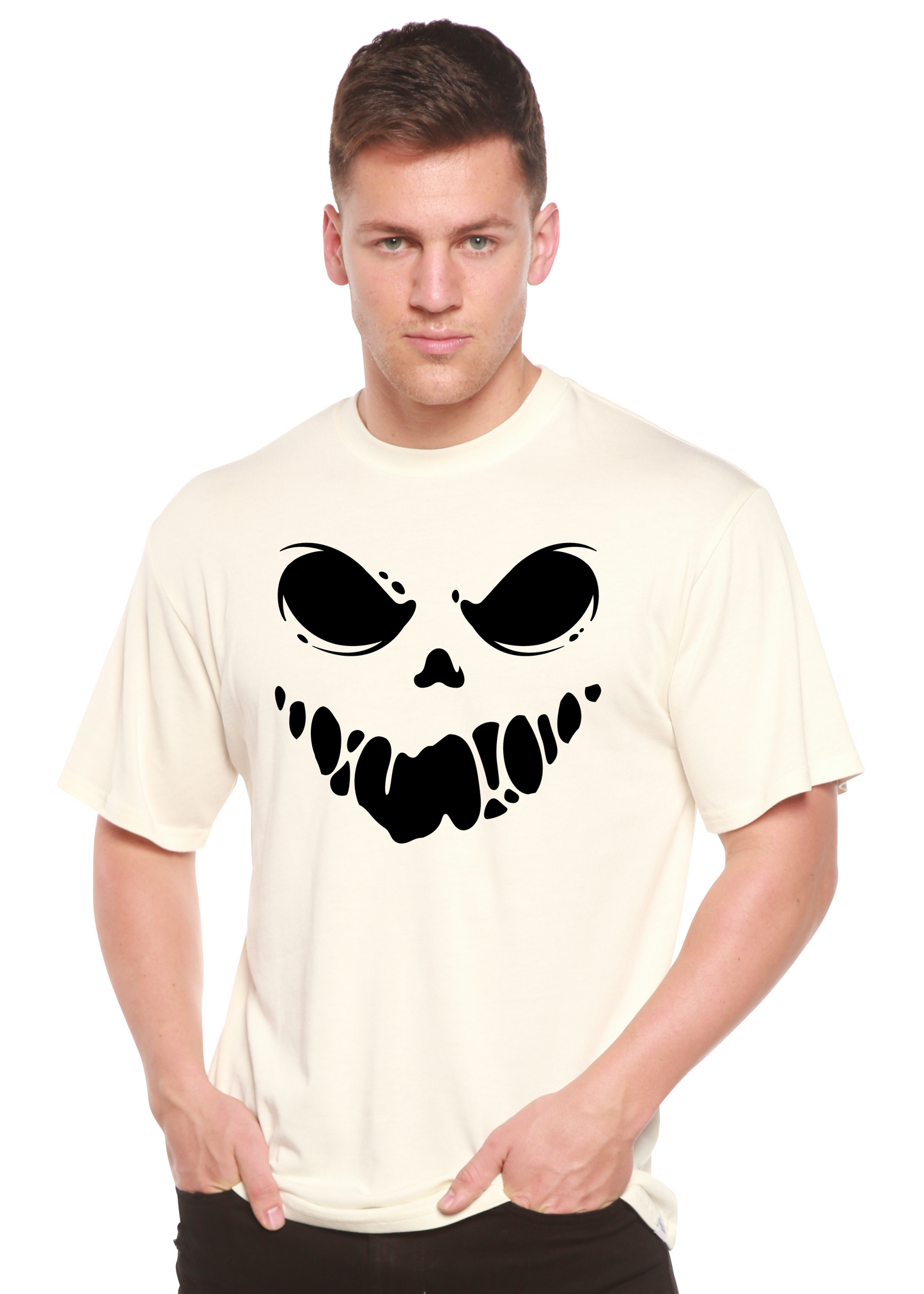 Halloween Boo men's short sleeve graphic T-shirt cream with large black skull print by Spun Bamboo on Tampa Home & Garden Store
