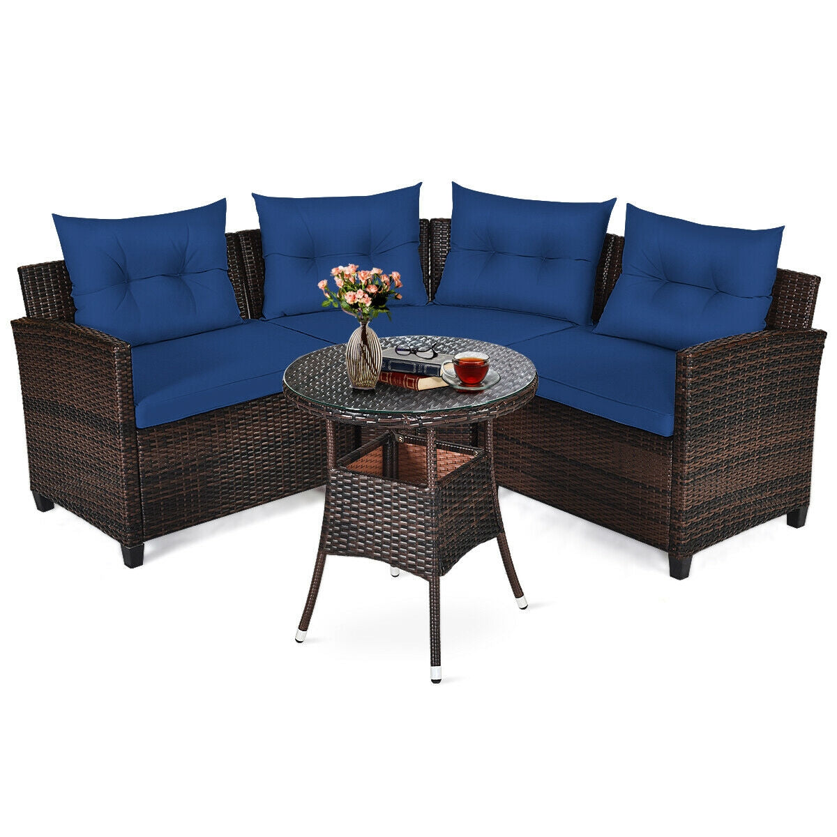 4 Pieces Outdoor Cushioned Rattan Furniture Set-Turquoise