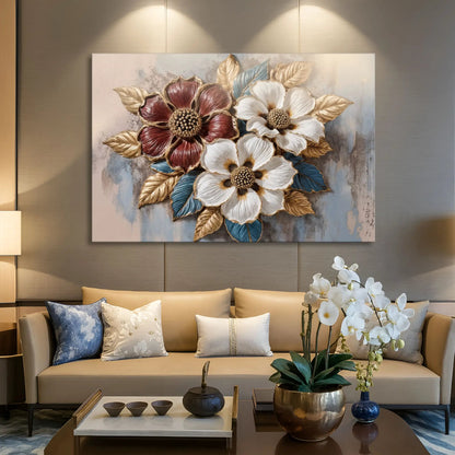 Floral Symphony Wall Art II canvas; white and burgundy petals with gold leaves on Tampa Home & Garden Store