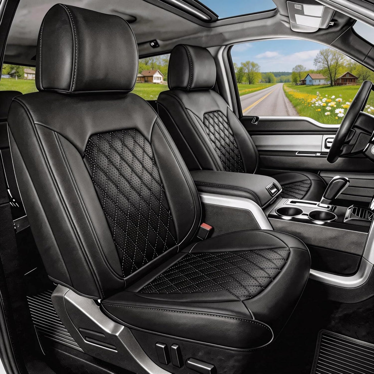 Truck Seat Cover set Umbrauto black leather diamond-stitched for Dodge Ram Crew Cab on Tampa Home & Garden Store