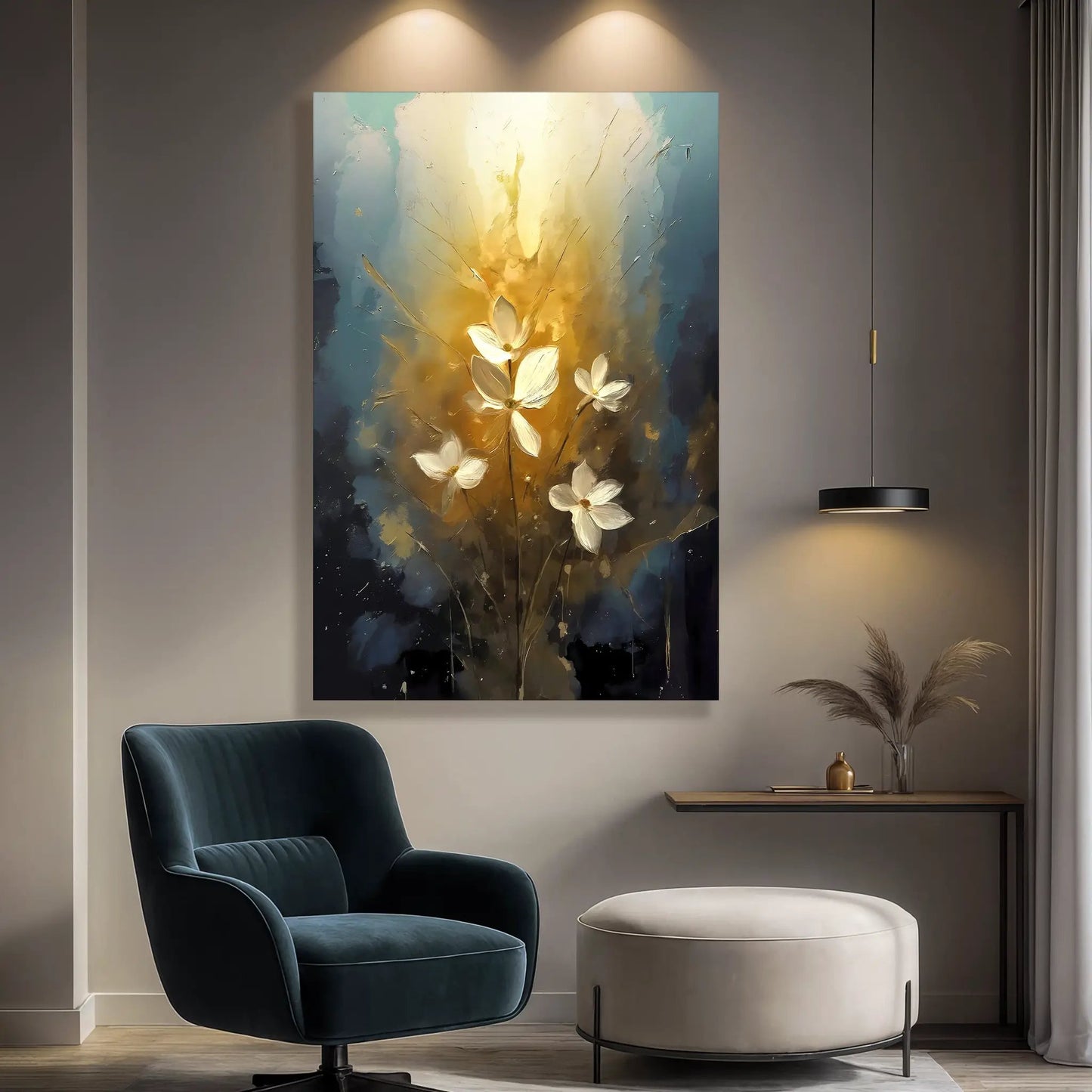 Golden Glow Elegant Flower Wall Art canvas with white blossoms in golden glow on blue backdrop on Tampa Home & Garden Store