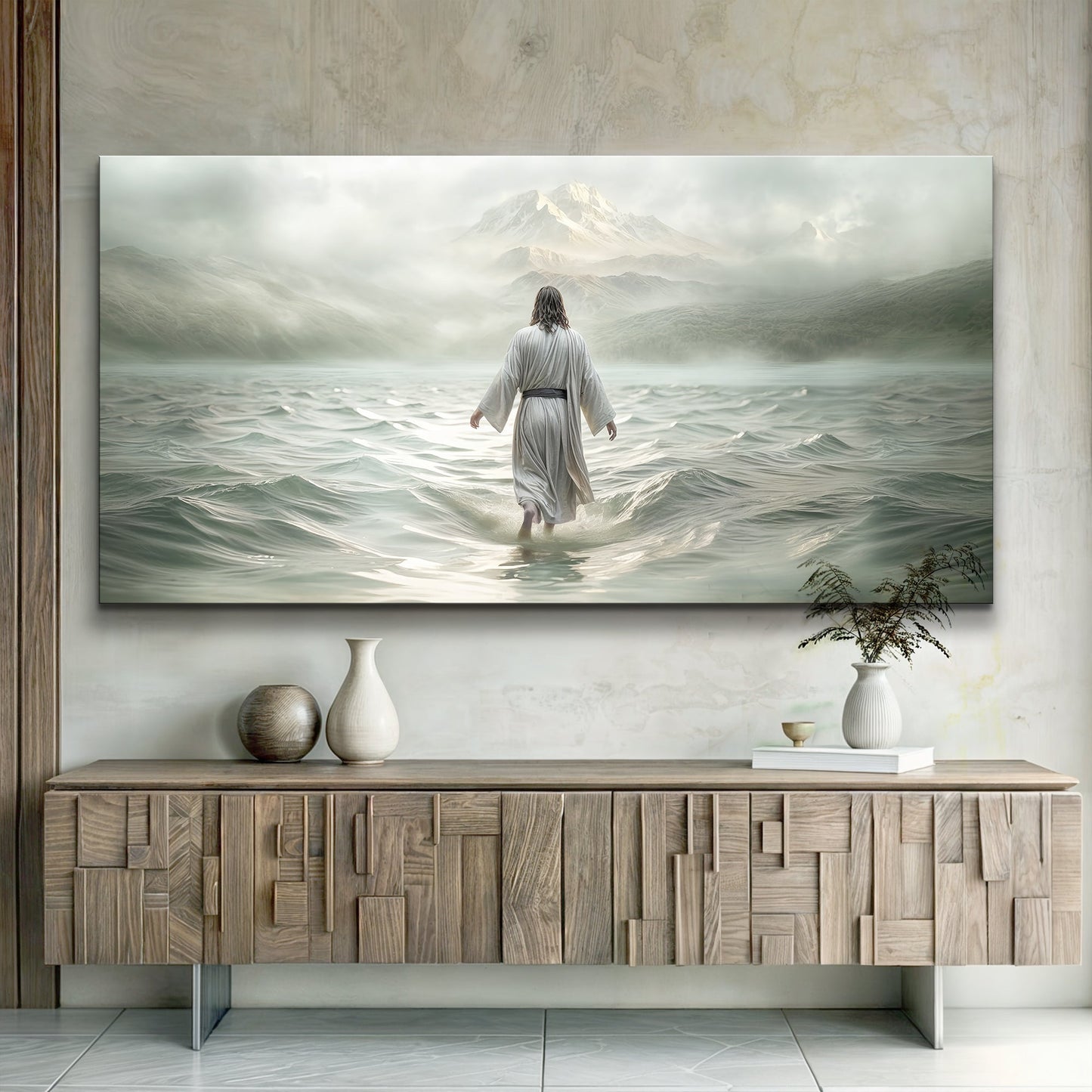 Walking on Water Faith Wall Art VIII canvas showing a robed figure wading toward misty mountains on Tampa Home & Garden Store