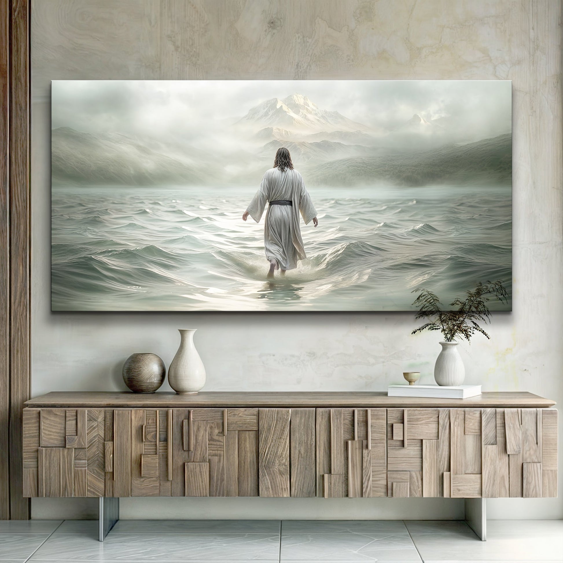 Walking on Water Faith Wall Art VIII canvas showing a robed figure wading toward misty mountains on Tampa Home & Garden Store