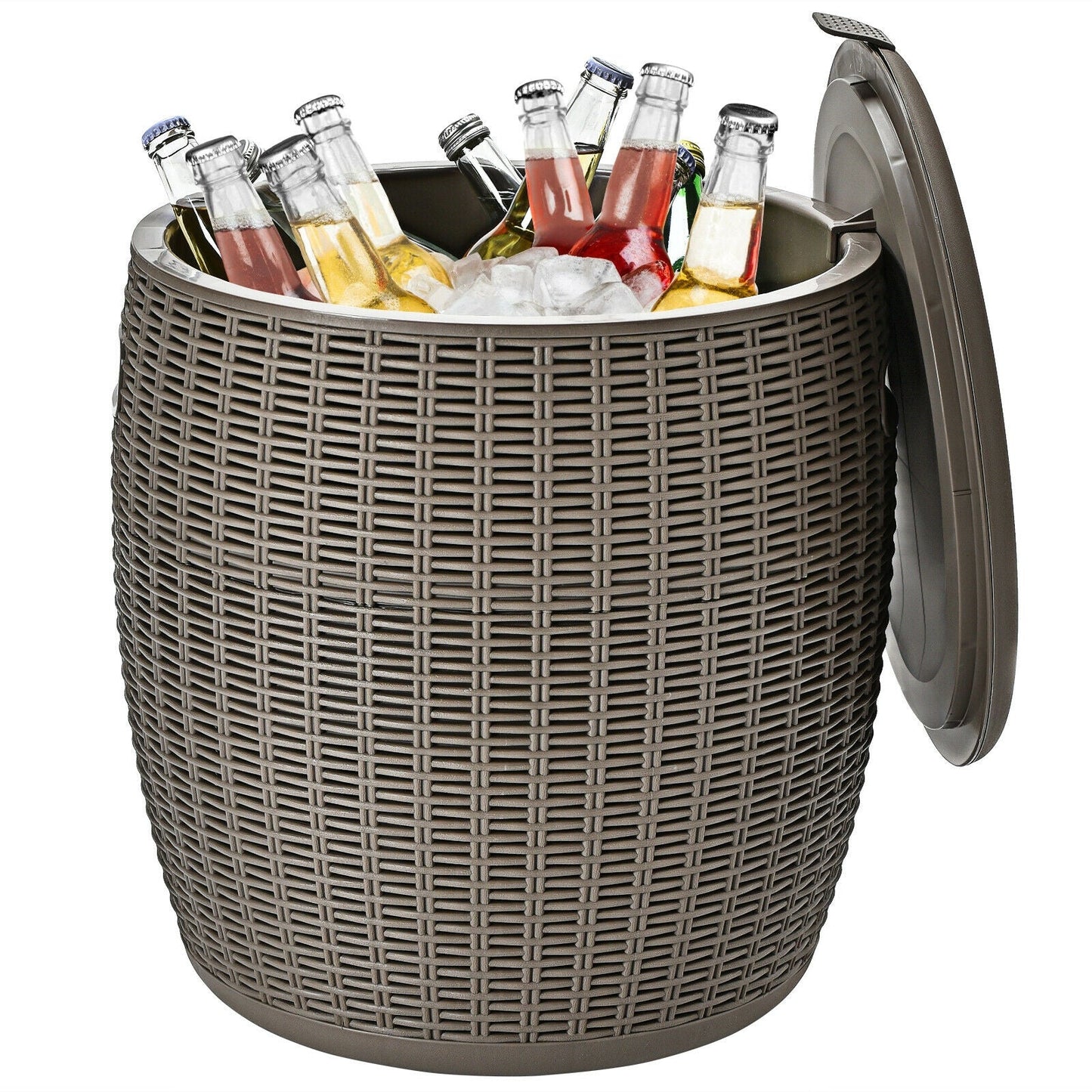 9.5 Gallon GemGear patio rattan cooler barrel with ice and bottles, brown wicker lid open on Tampa Home & Garden Store
