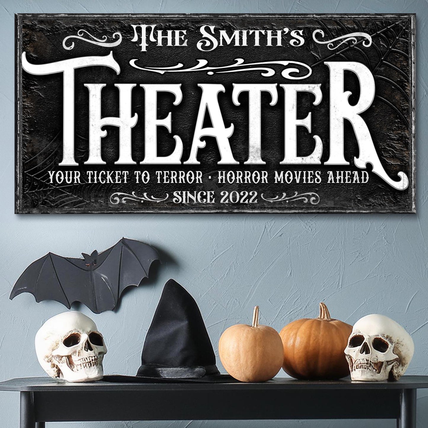 Theater Sign VII canvas by Tailored Canvases with black sign and white ornate lettering on Tampa Home & Garden Store