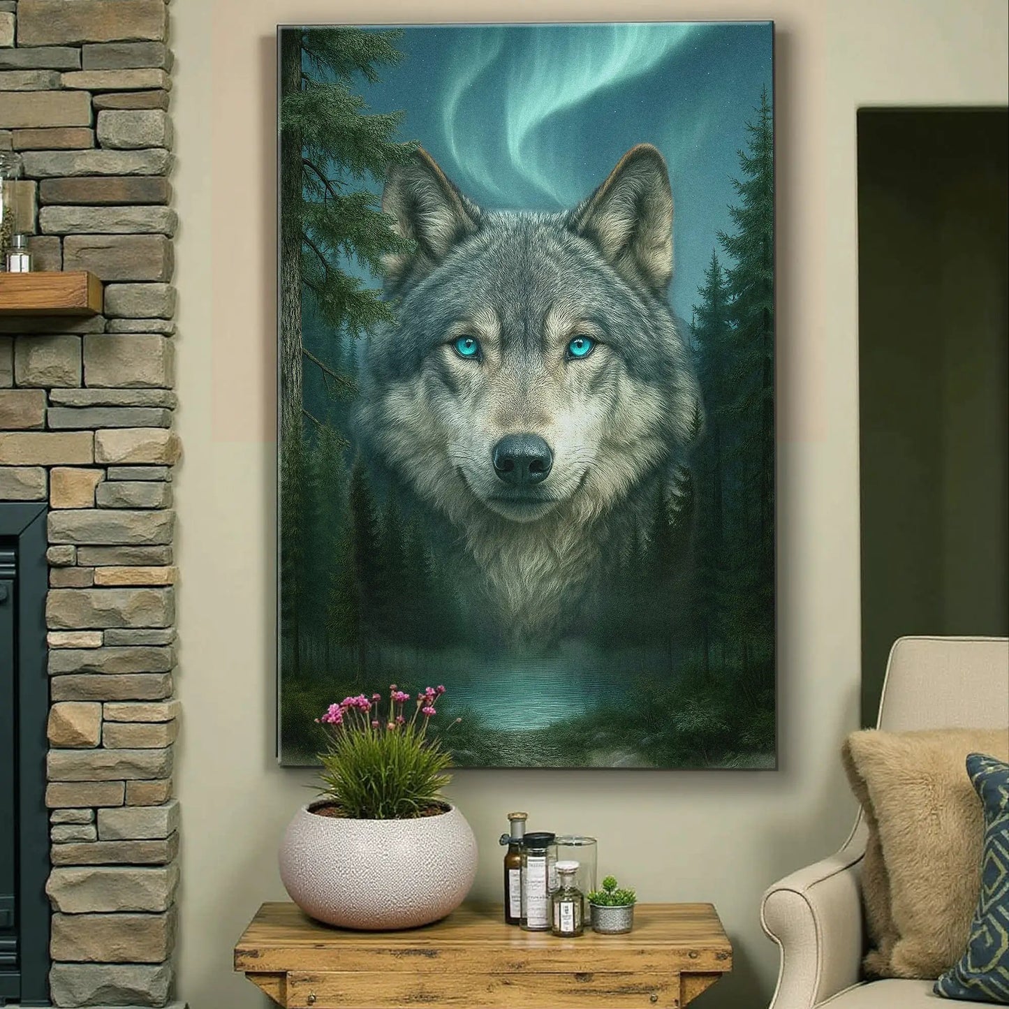 Wolf Northern Symphony canvas wall art by Tailored Canvases with blue-eyed wolf portrait on Tampa Home & Garden Store