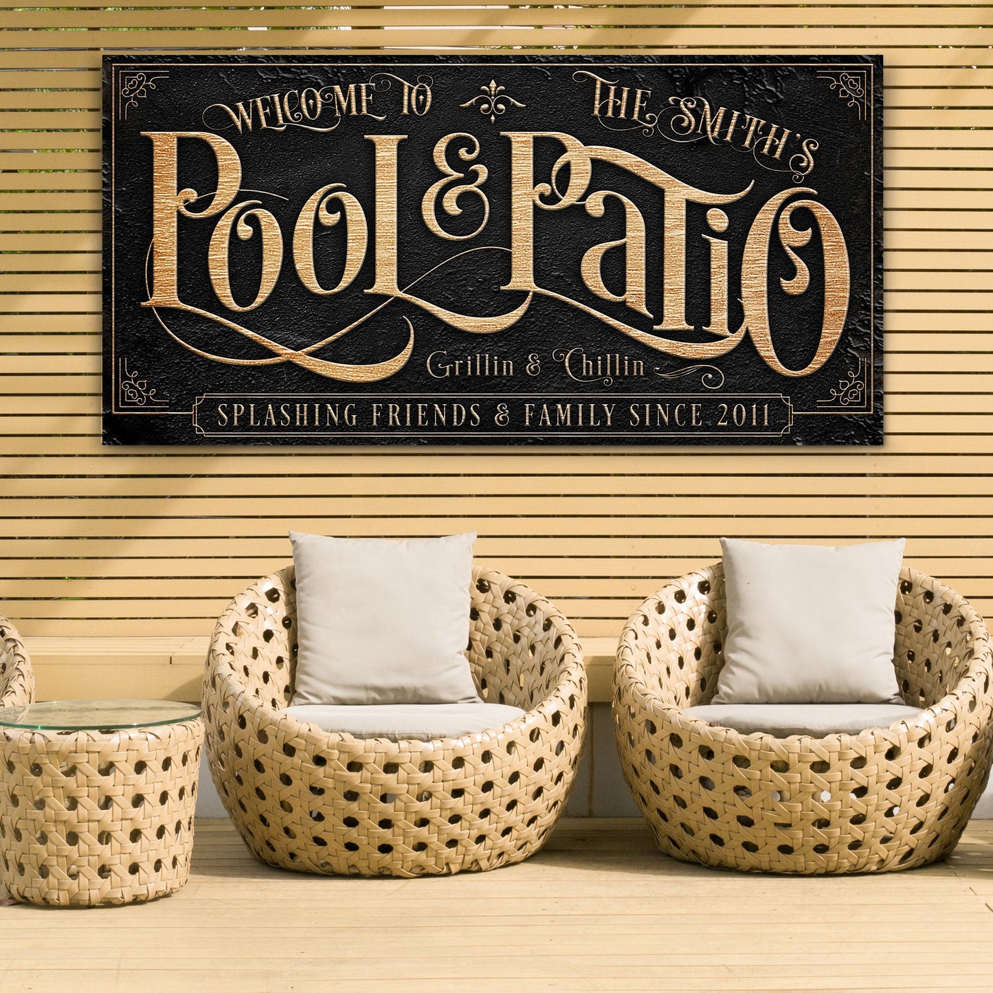 Personalized Pool & Patio Sign II canvas with gold lettering on black textured background on Tampa Home & Garden Store