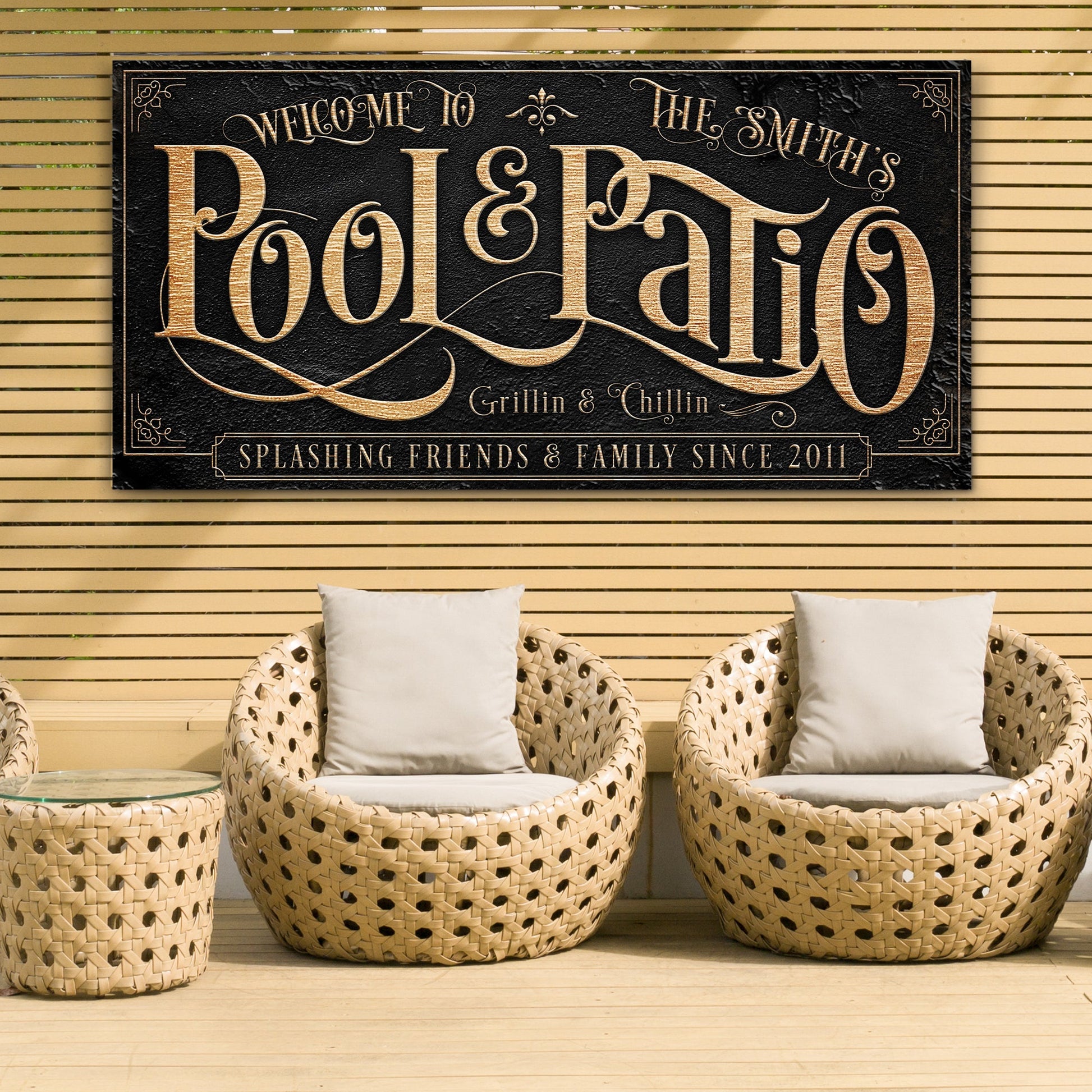 Personalized Pool & Patio Sign II canvas with gold lettering on black textured background on Tampa Home & Garden Store