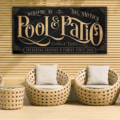 Personalized Pool & Patio Sign II canvas with gold lettering on black textured background on Tampa Home & Garden Store