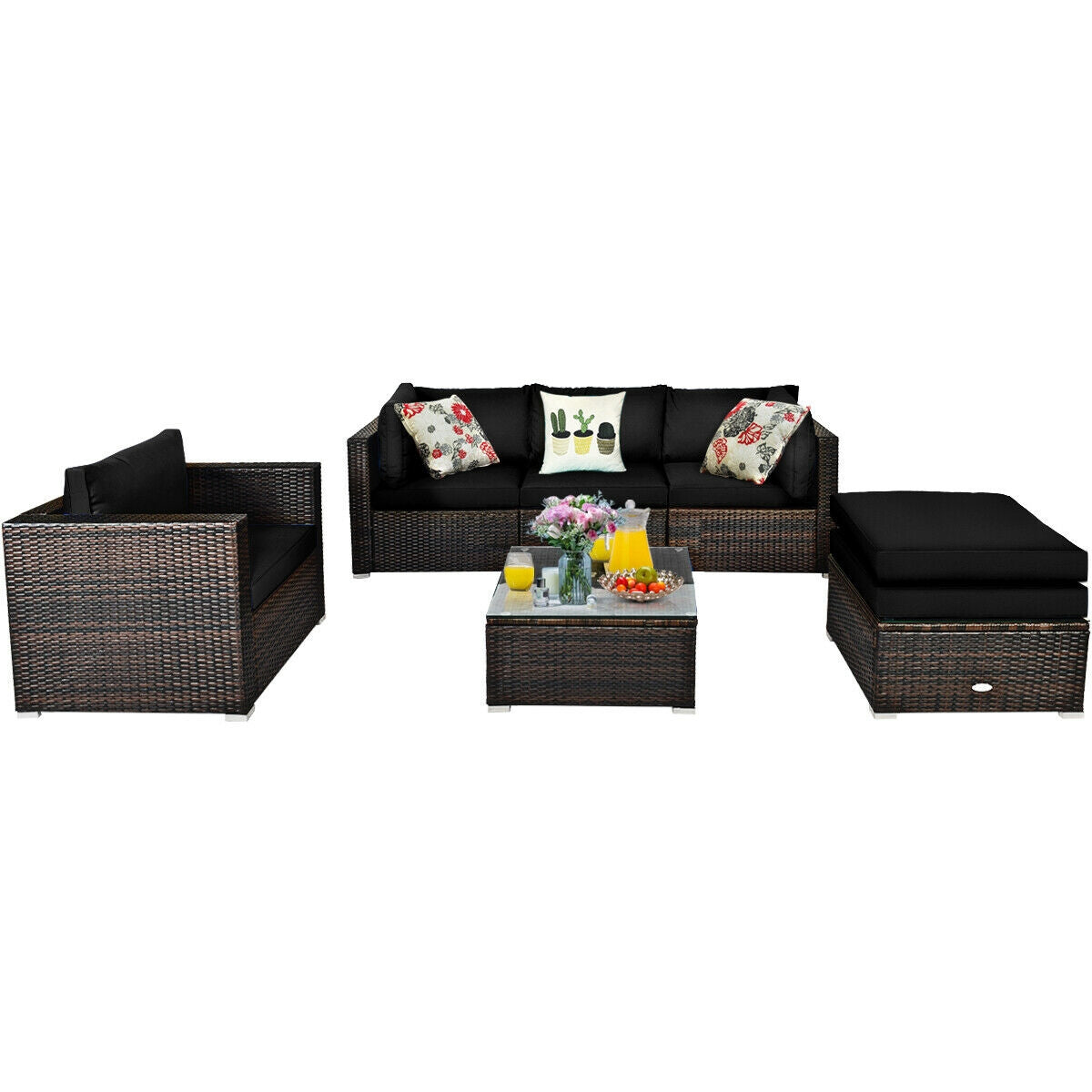 Juego de muebles de patio de ratán de 6 piezas con cojín seccional - Negro