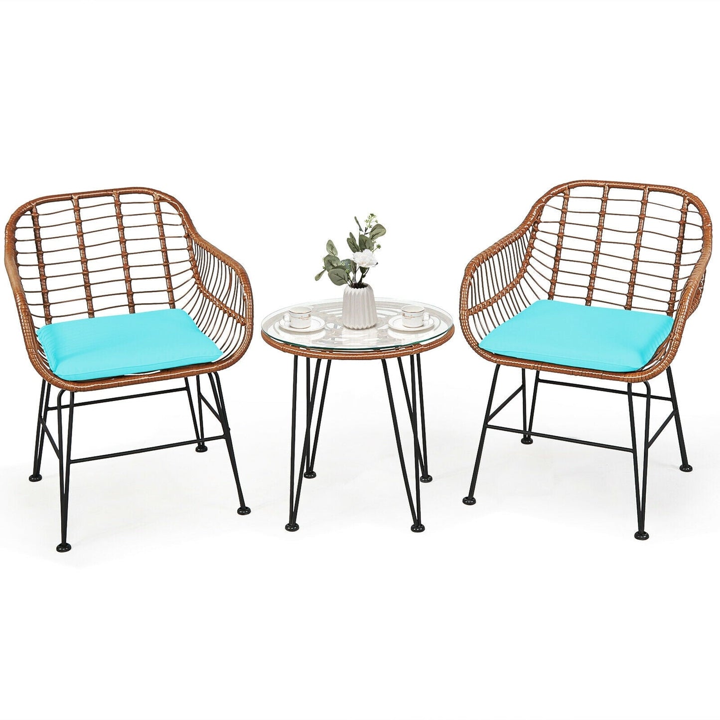 3-Piece Rattan Bistro Set with Cushions and Glass Table, wicker chairs with turquoise cushions on Tampa Home & Garden Store