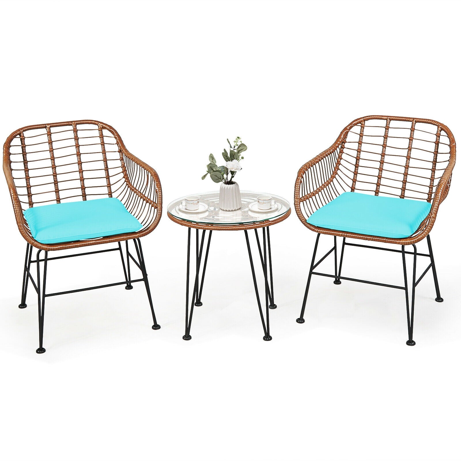 3-Piece Rattan Bistro Set with Cushions and Glass Table, wicker chairs with turquoise cushions on Tampa Home & Garden Store